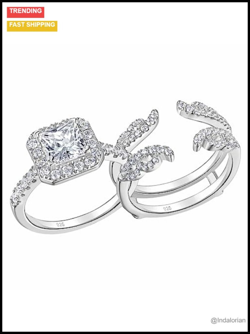 925 Sterling Silver 3 Carat Princess Cut Wedding Ring Set Women Bridal